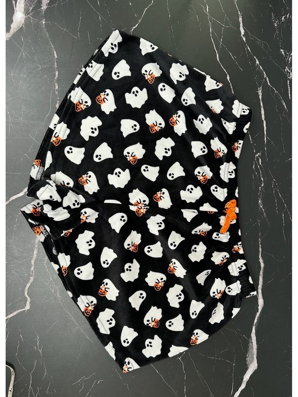 Women's Halloween Ghost Print Lounge Shorts, Size Large, Black with Orange Accen